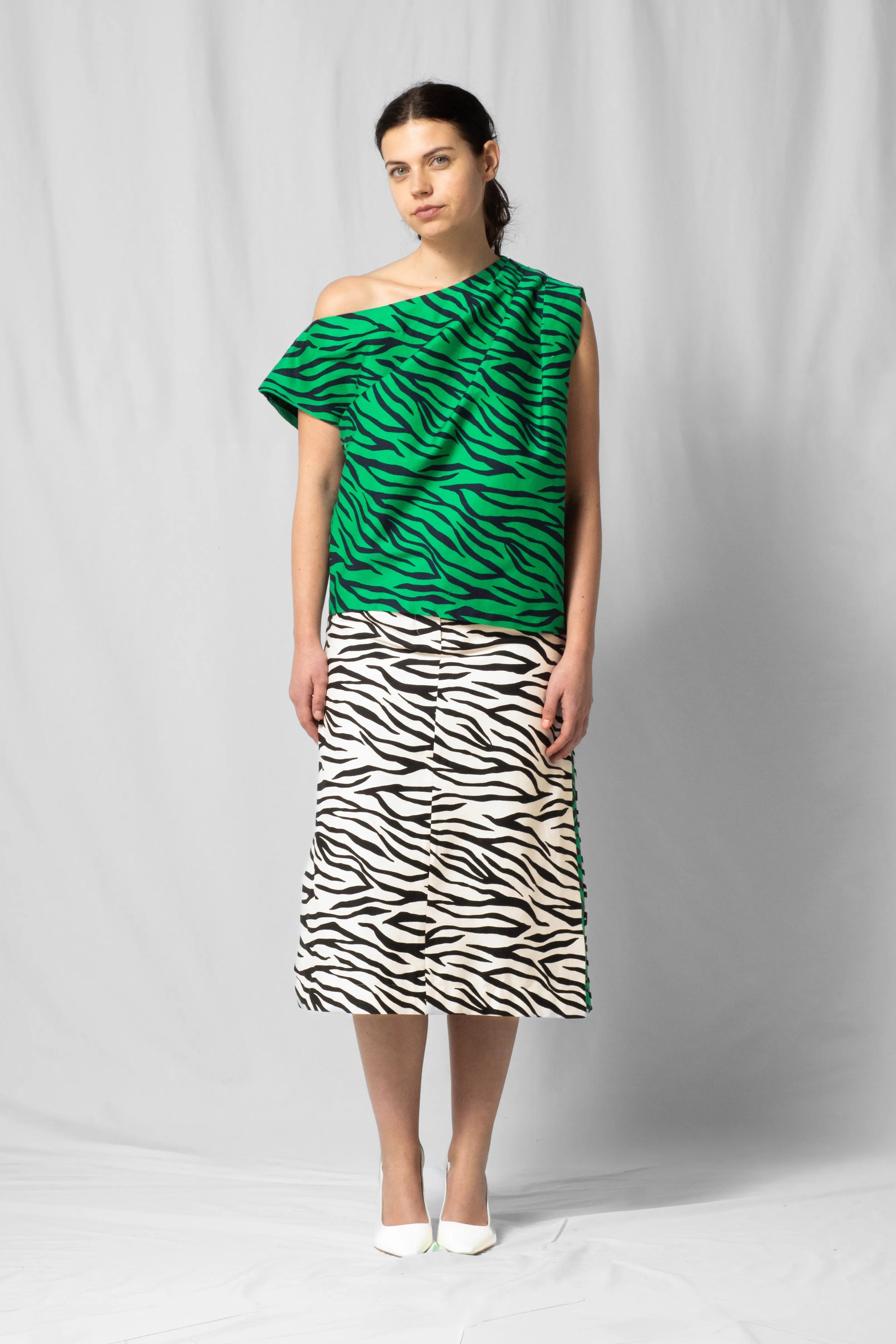 Green zebra Asymmetric off-shoulder top bea with pleated detailing from the SS26 collection by STEF SERIES