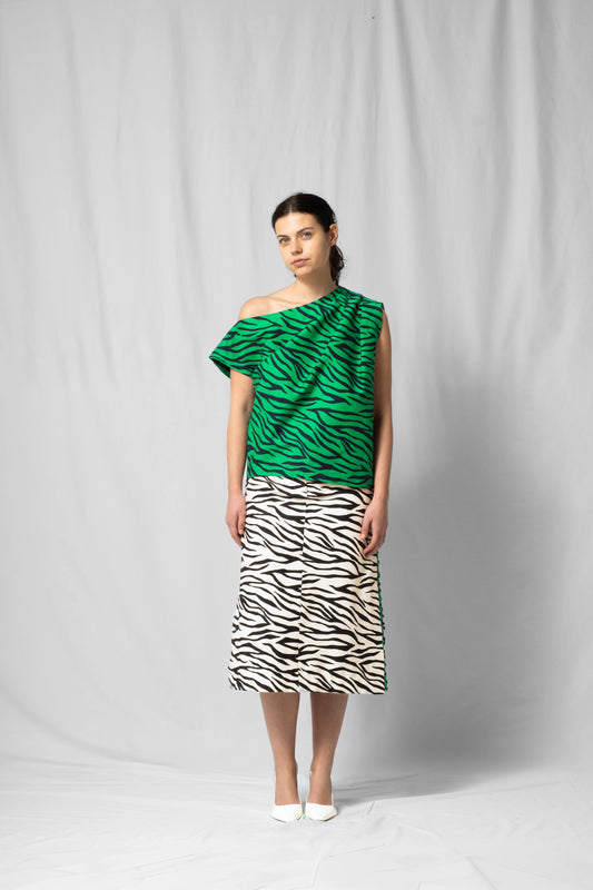 Green zebra Asymmetric off-shoulder top bea with pleated detailing from the SS26 collection by STEF SERIES