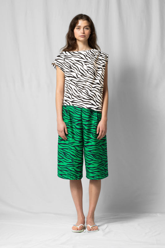 White zebra Asymmetric off-shoulder top bea with pleated detailing from the SS26 collection by STEF SERIES