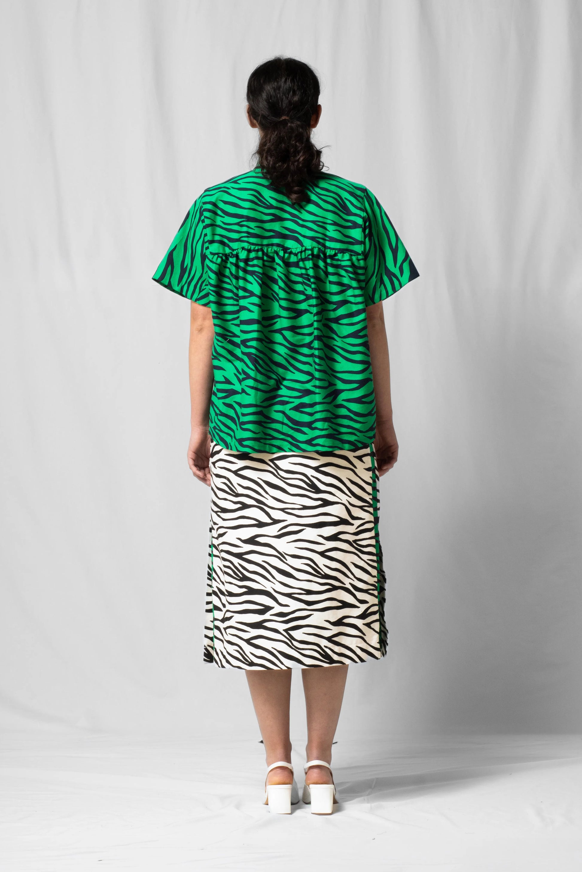green zebra Short-sleeve bowie shirt with button fastening and gathered detailing from the SS26 collection by STEF SERIES
