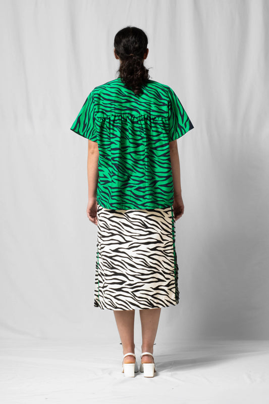 green zebra Short-sleeve bowie shirt with button fastening and gathered detailing from the SS26 collection by STEF SERIES