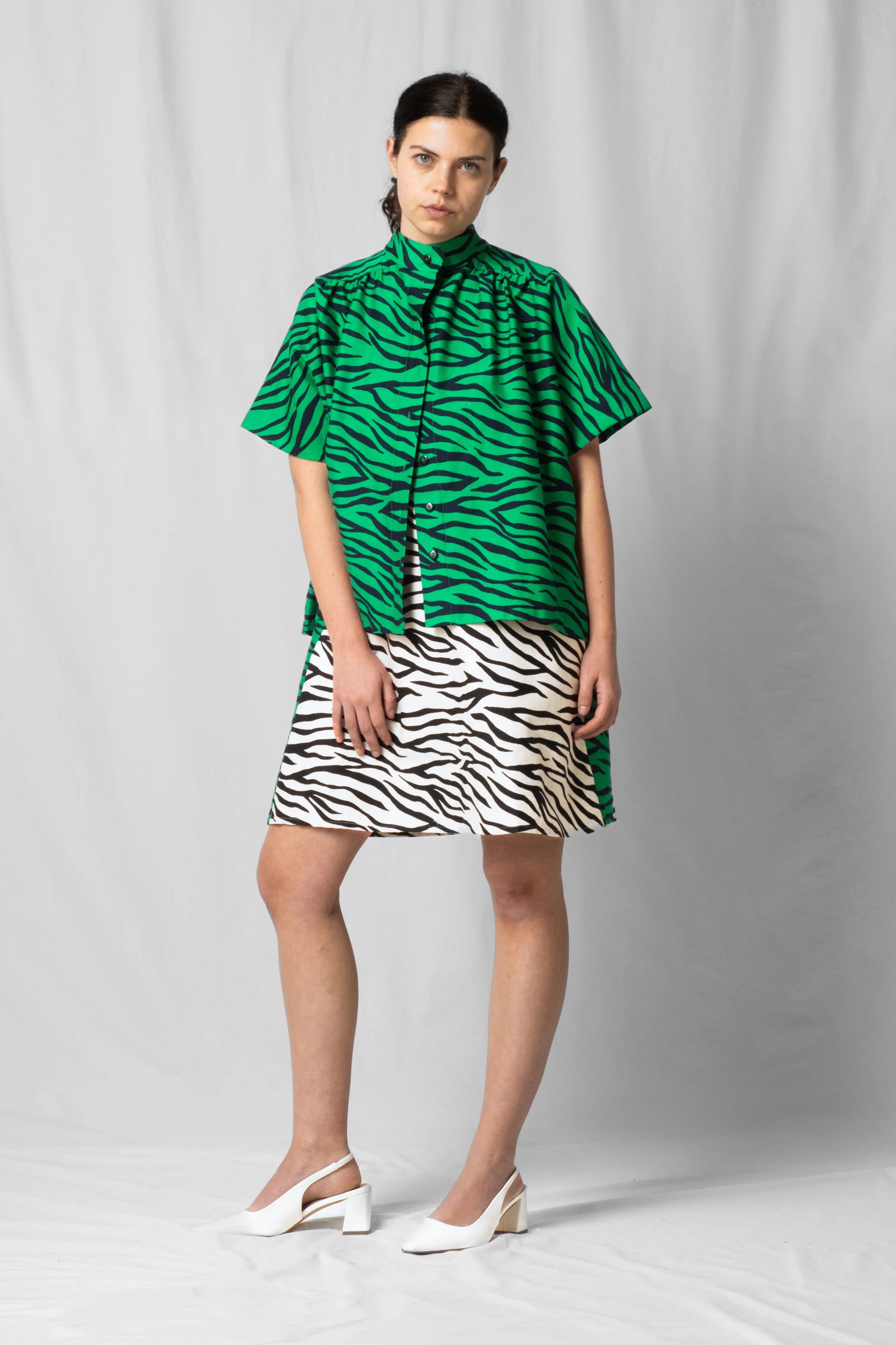green zebra Short-sleeve bowie shirt with button fastening and gathered detailing from the SS26 collection by STEF SERIES