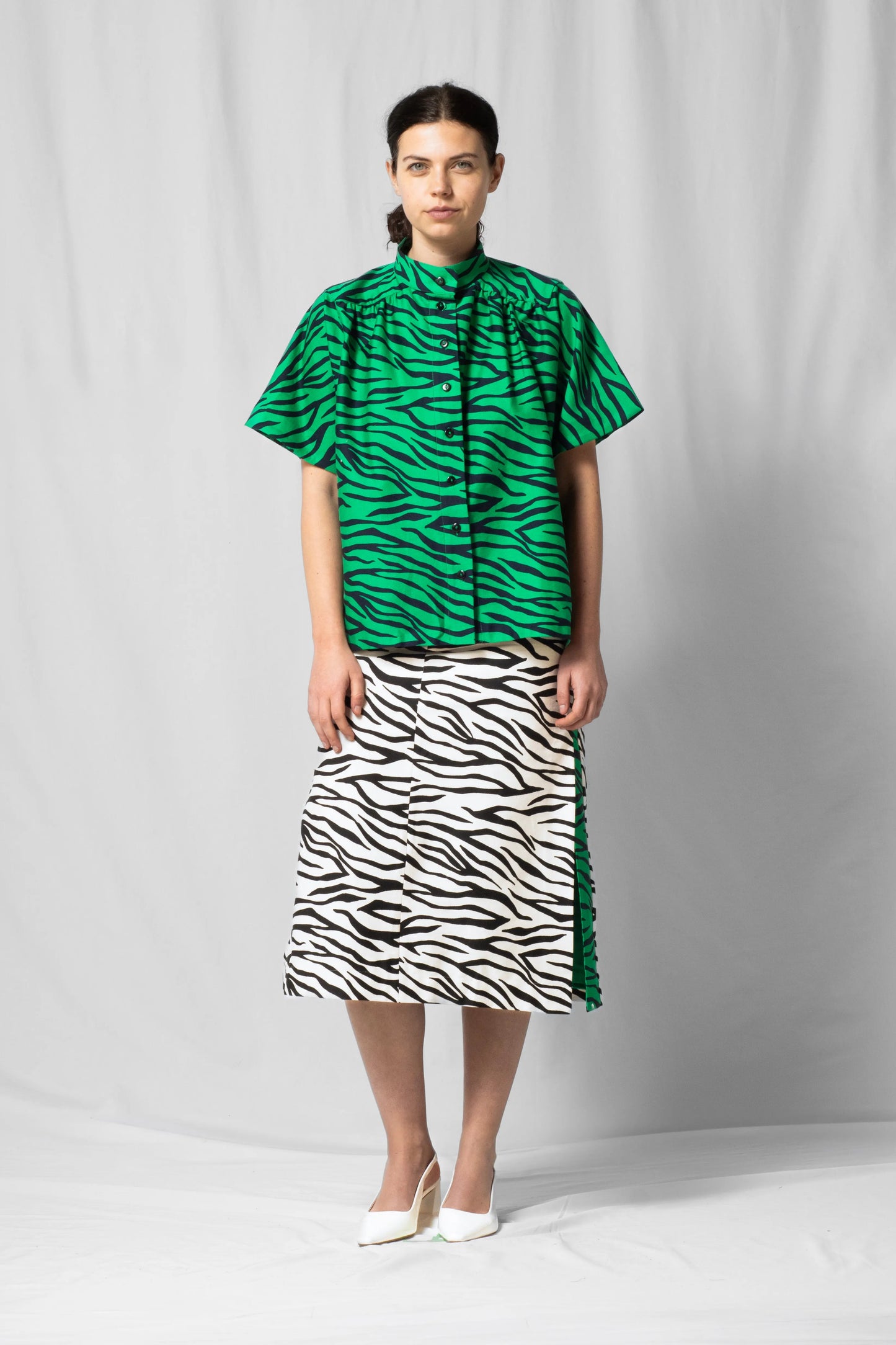green zebra Short-sleeve bowie shirt with button fastening and gathered detailing from the SS26 collection by STEF SERIES