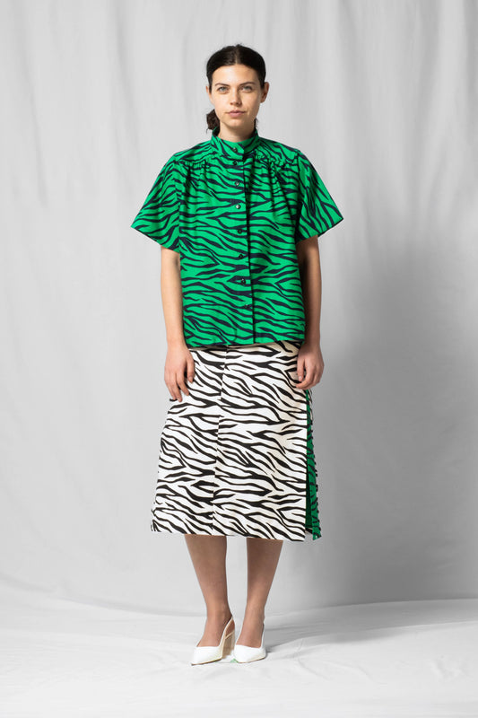 green zebra Short-sleeve bowie shirt with button fastening and gathered detailing from the SS26 collection by STEF SERIES