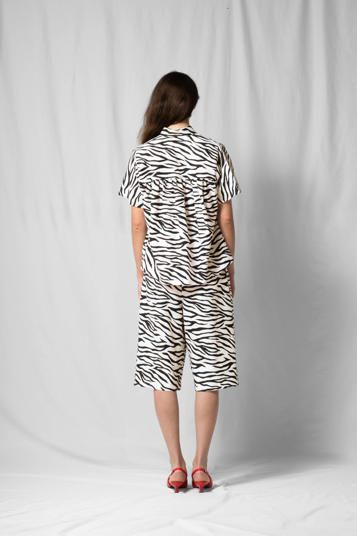 White zebra Short-sleeve bowie shirt with button fastening and gathered detailing from the SS26 collection by STEF SERIES