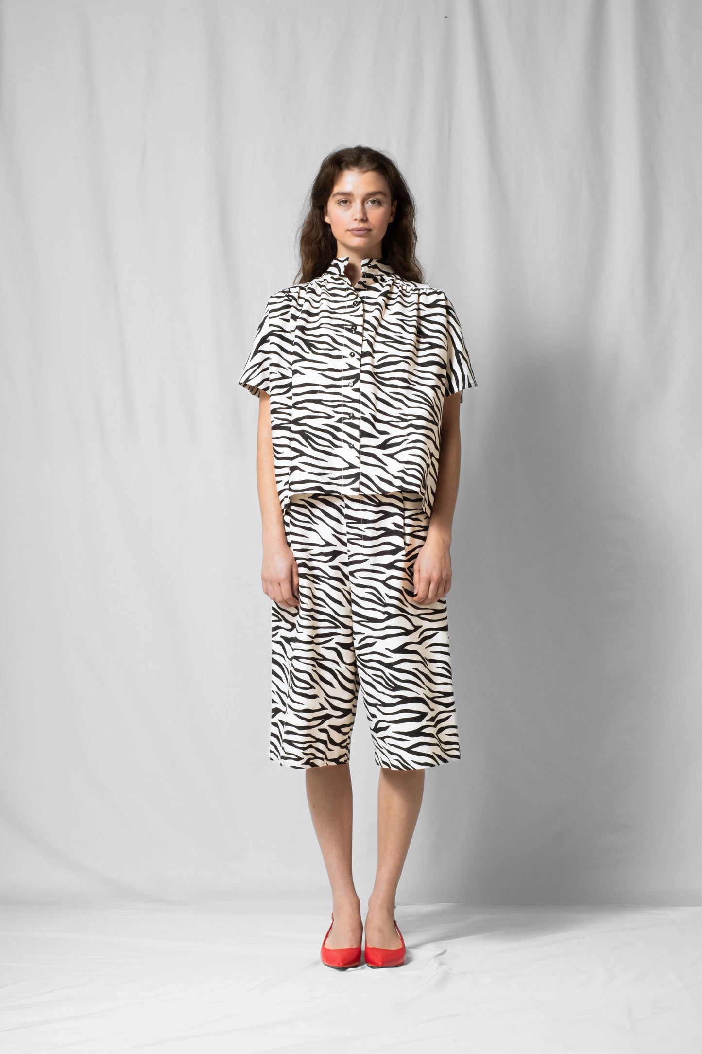 White zebra Short-sleeve bowie shirt with button fastening and gathered detailing from the SS26 collection by STEF SERIES