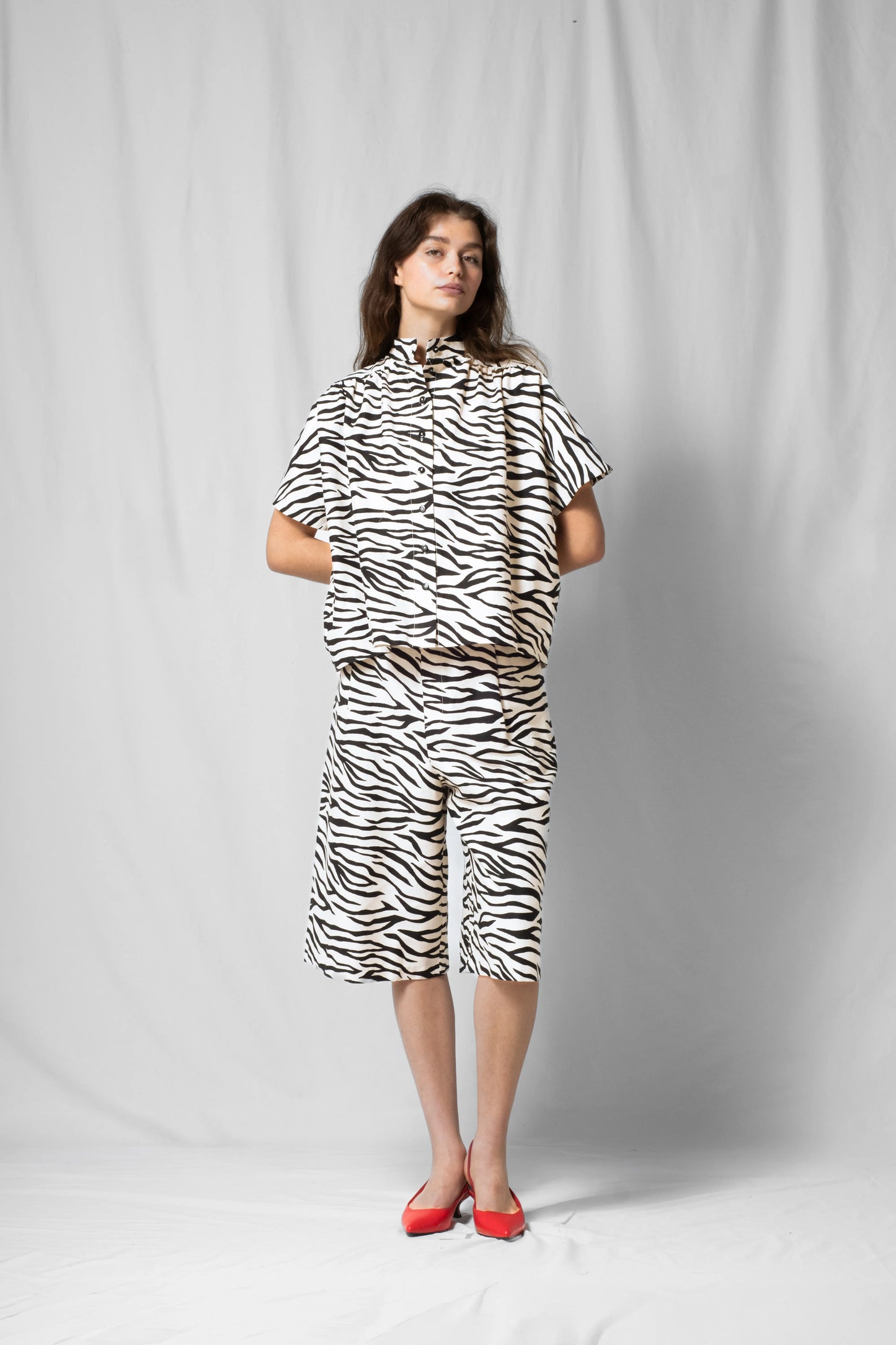White zebra Short-sleeve bowie shirt with button fastening and gathered detailing from the SS26 collection by STEF SERIES