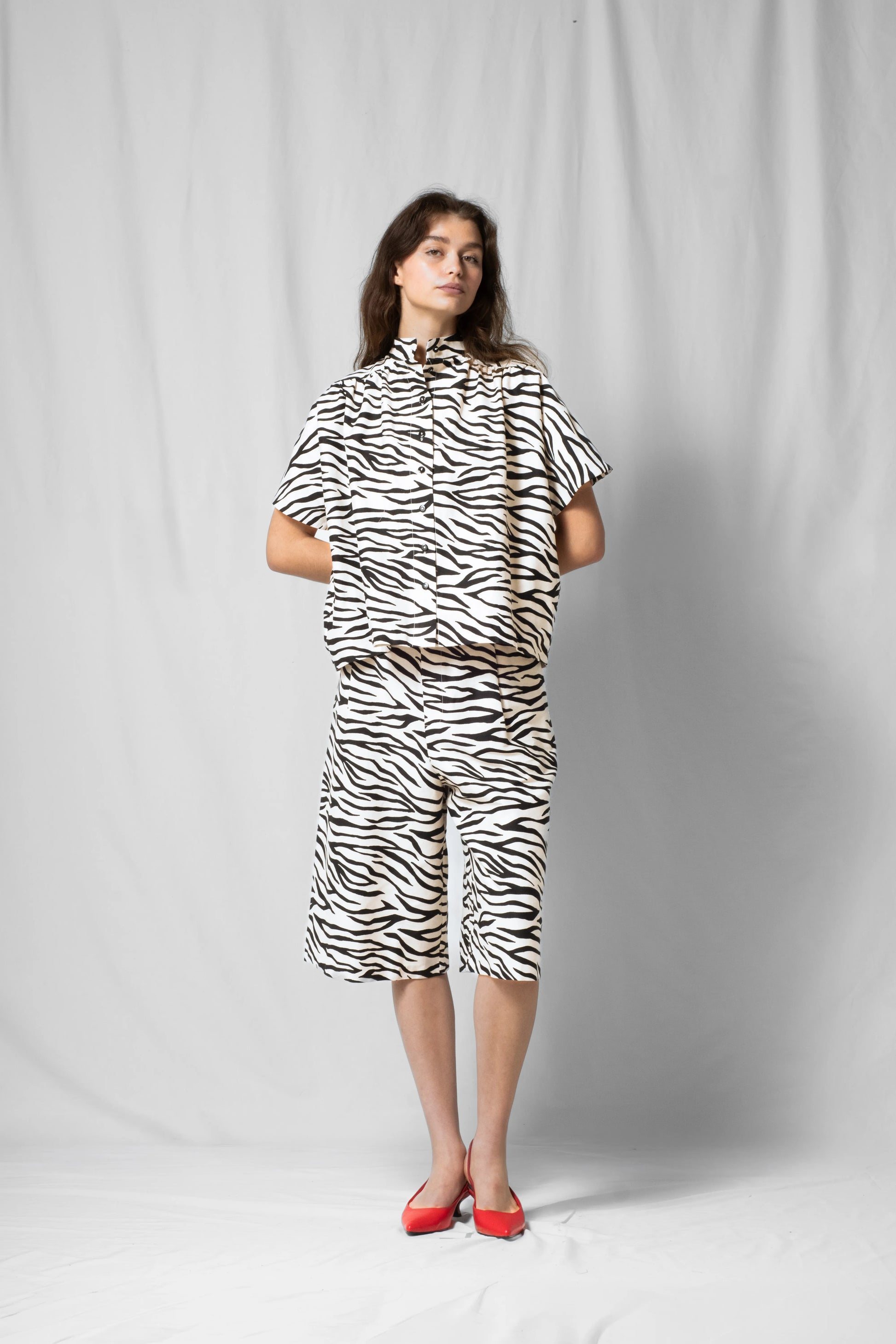 White zebra Short-sleeve bowie shirt with button fastening and gathered detailing from the SS26 collection by STEF SERIES