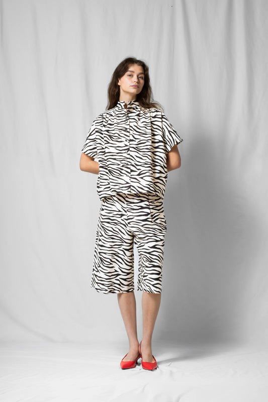 White zebra Short-sleeve bowie shirt with button fastening and gathered detailing from the SS26 collection by STEF SERIES