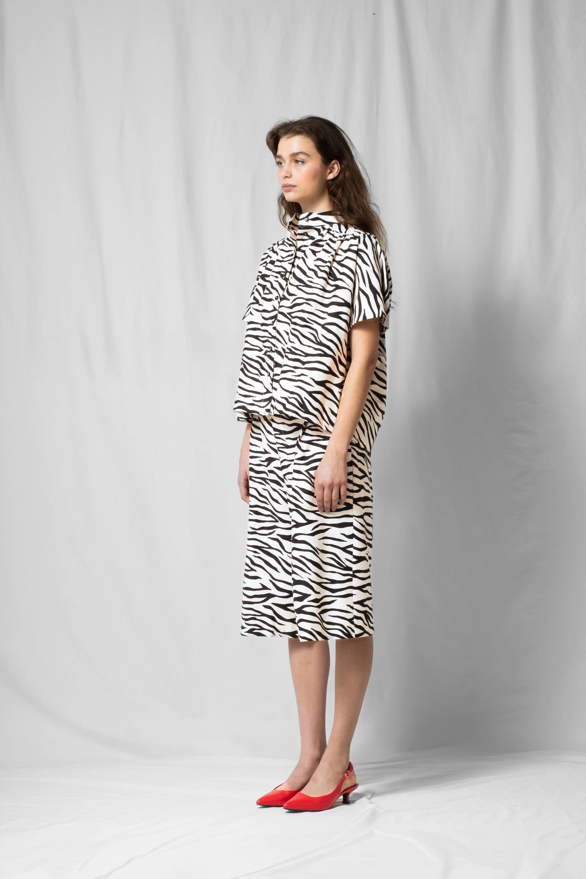 White zebra Short-sleeve bowie shirt with button fastening and gathered detailing from the SS26 collection by STEF SERIES