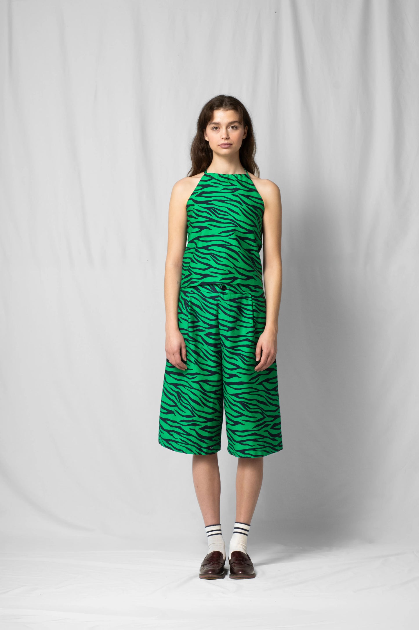 Green zebra halter top Belle with open back from the SS26 collection by STEF SERIES