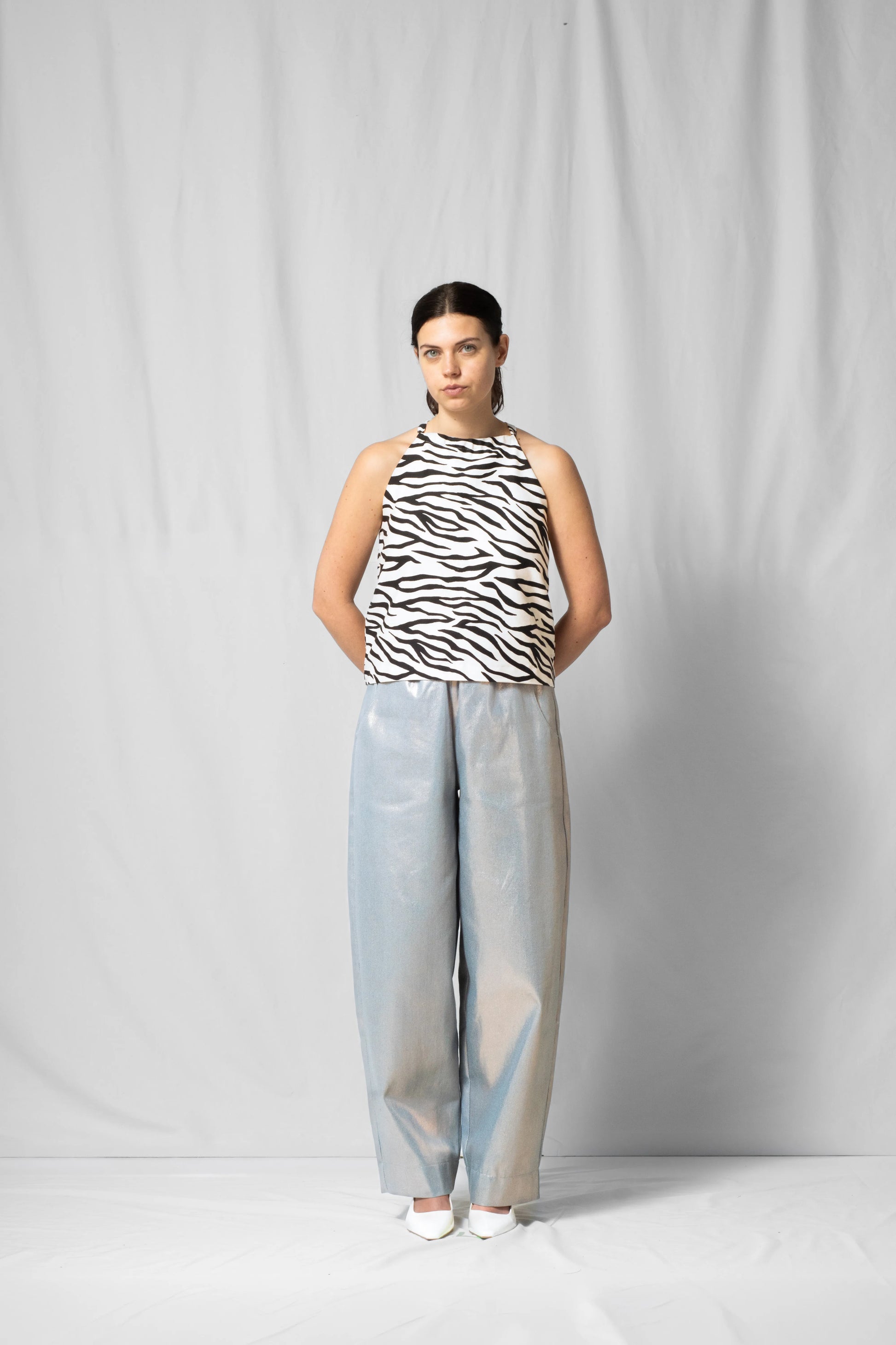 White zebra halter top Belle with open back from the SS26 collection by STEF SERIES