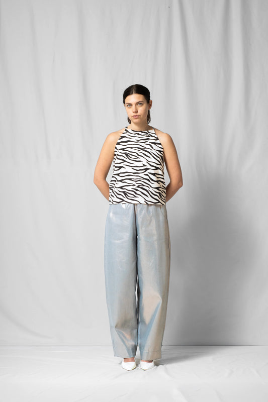 White zebra halter top Belle with open back from the SS26 collection by STEF SERIES